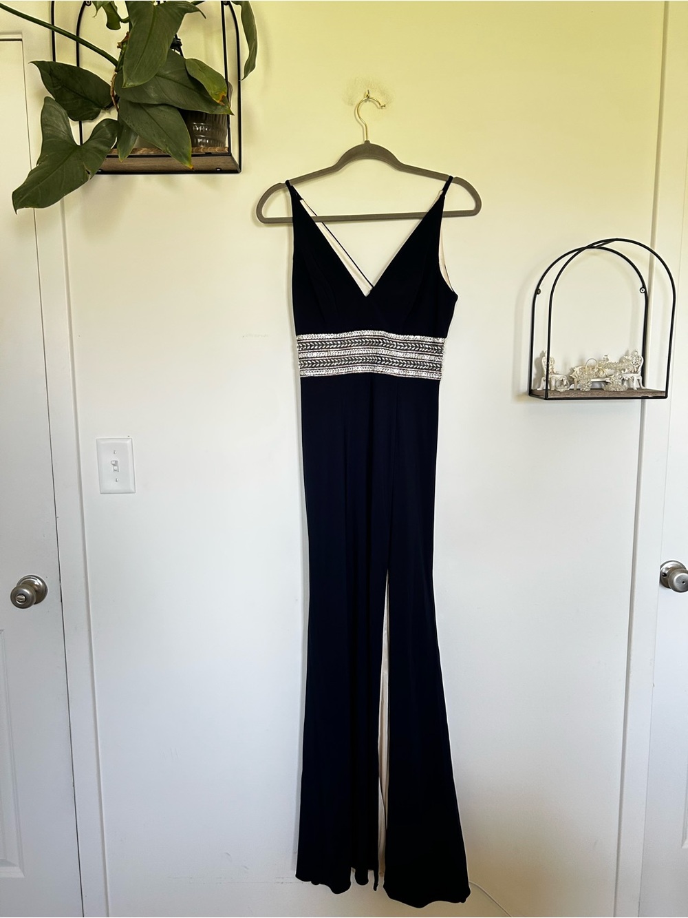 Xscape Navy Blue‎ Rhinestone V Neck Leg Slit Long Maxi Dress Formal Gown Size 4